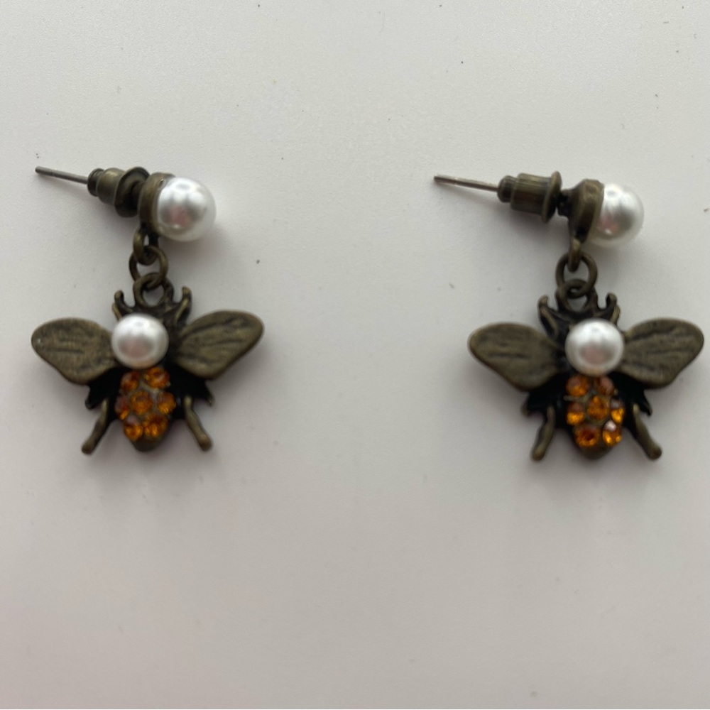Elegant Bee Beaded Insect Earrings with Pearl Accents Orange Rhinestones Dangle